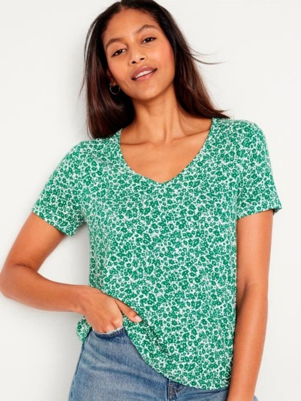 Old Navy Ditsy Floral Print Luxe V-Neck Tee T-shirt Sz XXL NWT Green